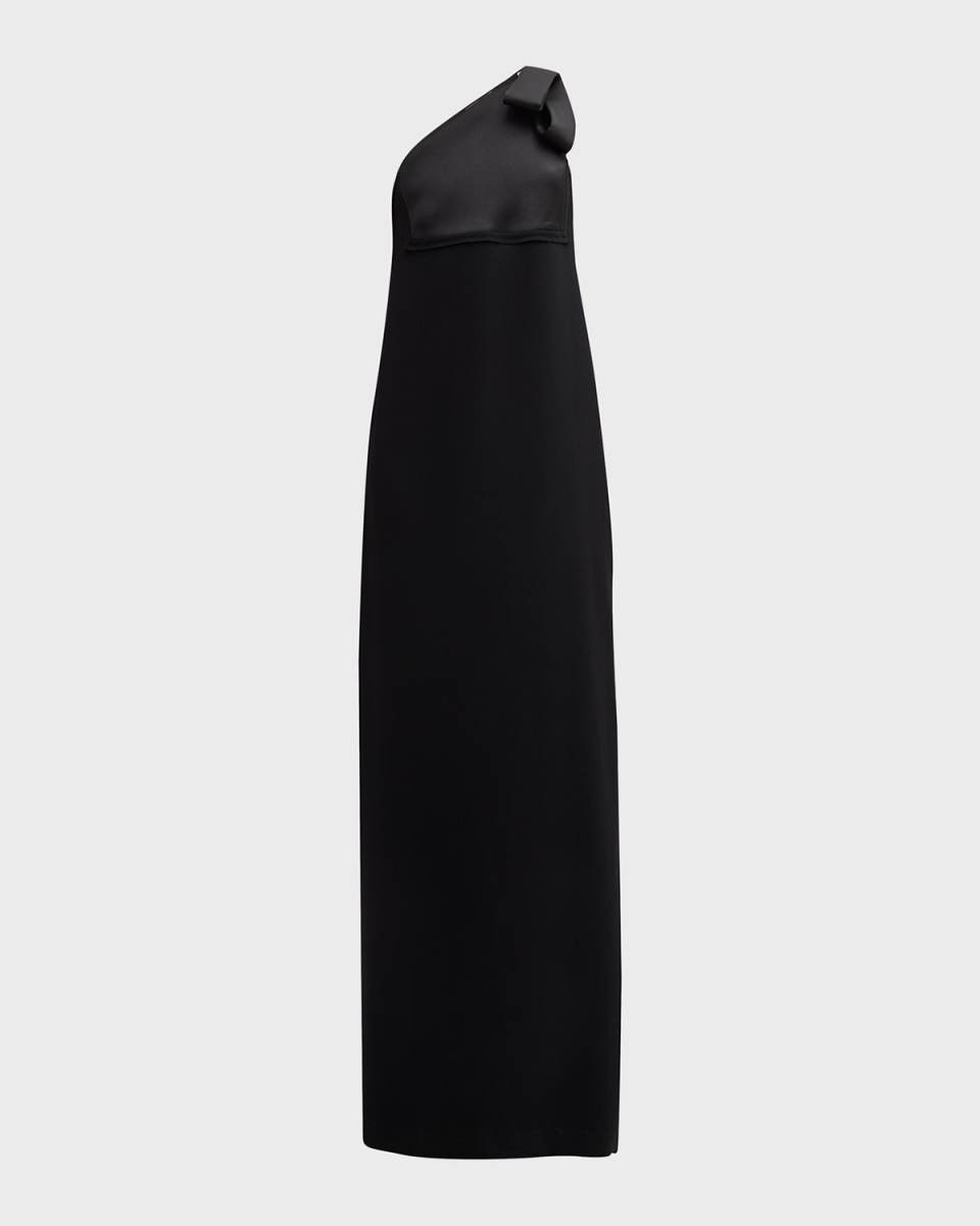 Bow One-Shoulder Italian Satin-Panel Crepe Gown